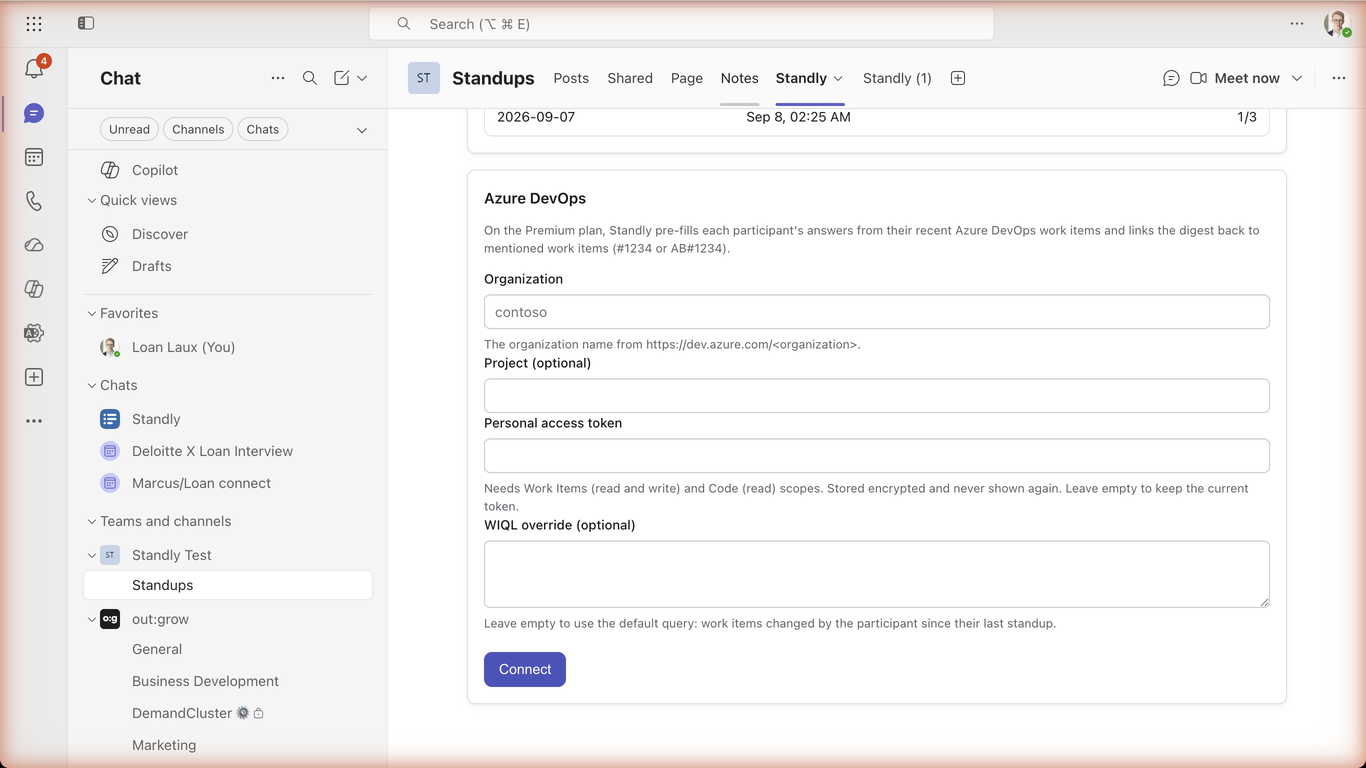 The Azure DevOps card in the configuration tab: organization, project, personal access token and WIQL query fields.