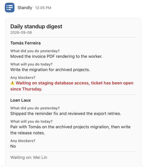 The channel digest: answers from two people grouped under their names, one blocker highlighted in red, and a Waiting on line naming a person who did not answer.