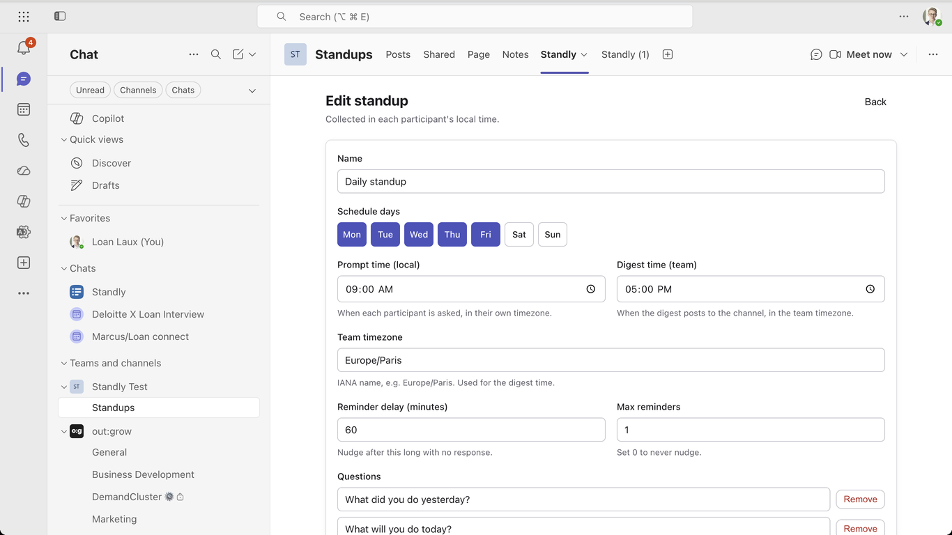 The Standly tab in a channel with a standup open: name, schedule days, prompt and digest times, team timezone, reminder delay and the list of questions.