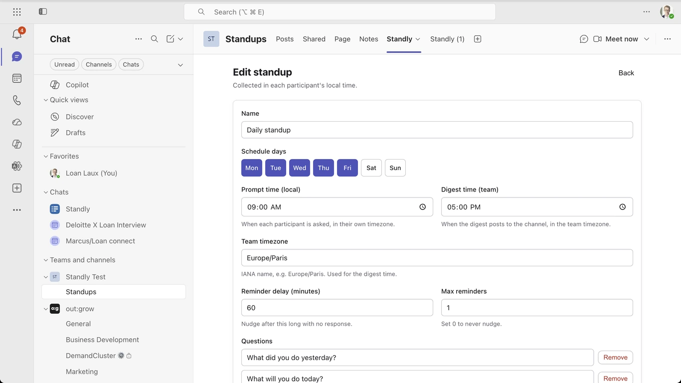 The Standly tab in a Teams channel with a standup open: name, schedule days, prompt and digest times, team timezone, reminder delay and the list of questions.