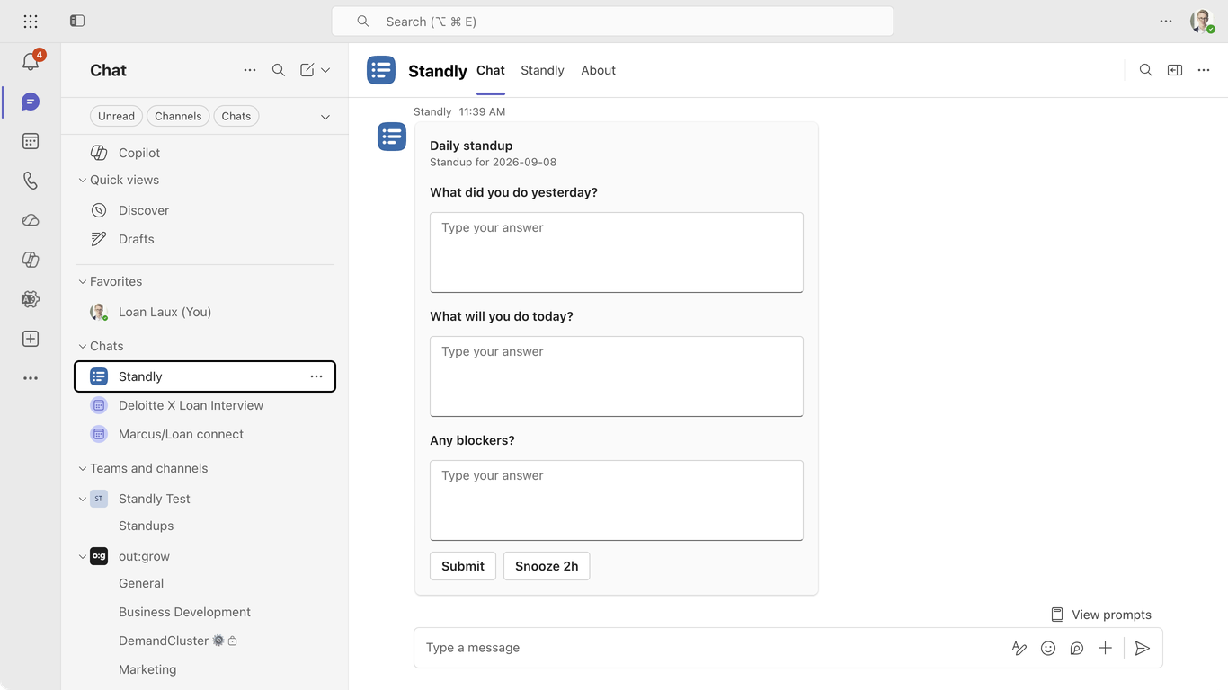The Standly prompt in a private Teams chat: the standup name, the date, three questions with answer fields, and Submit and Snooze 2h buttons.