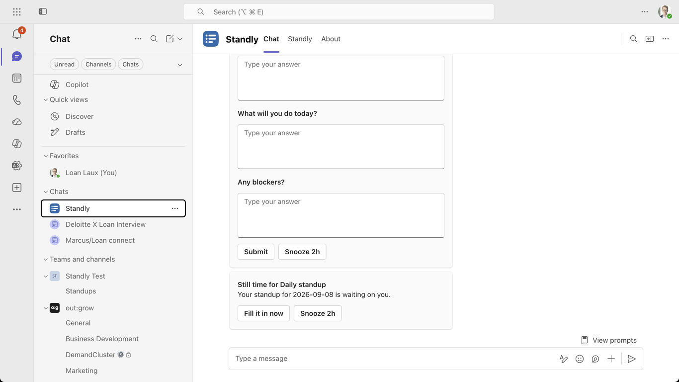 The reminder card: Still time for the standup, with Fill it in now and Snooze 2h buttons.