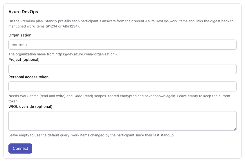 The Azure DevOps card in the configuration tab: organization, optional project, personal access token and an optional WIQL query, with a Connect button.